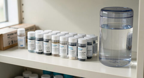 A row of small cylindrical breathing circuit filters and a humidifier chamber on a clinical supply shelf